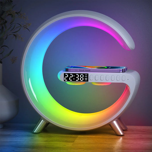 "PowerUp Your Mornings with the Ultimate Wireless Charging Station: Sleek Alarm Clock, Enhanced Speaker, Vibrant RGB Night Light - Designed for iPhone and Samsung Galaxy!"